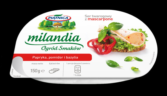 Milandia ser twarogowy w plastrach OSM Piątnica 150g papryka pomidor bazylia