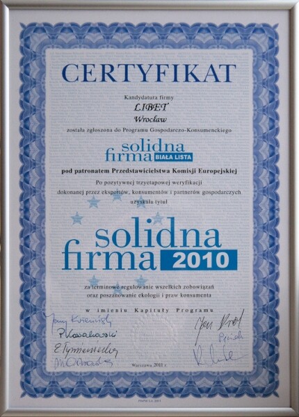 certyfika "Solidna Firma" dla Libet